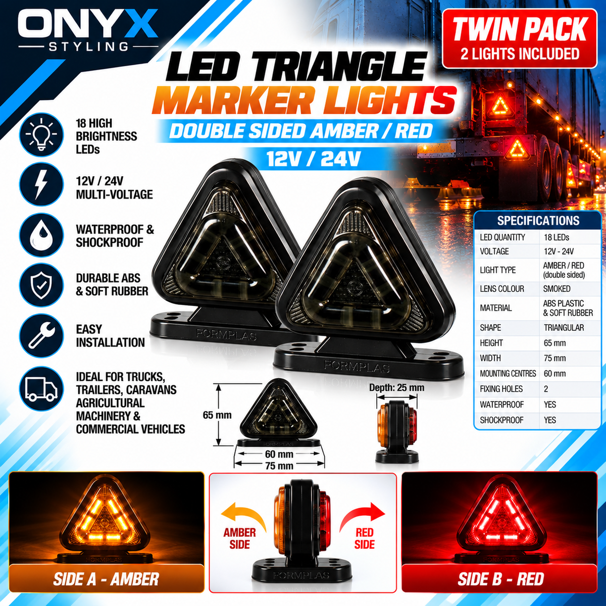 Double-Sided LED Triangle Marker Lights – Amber/Red Smoked Lens 12V/24V (Pair)