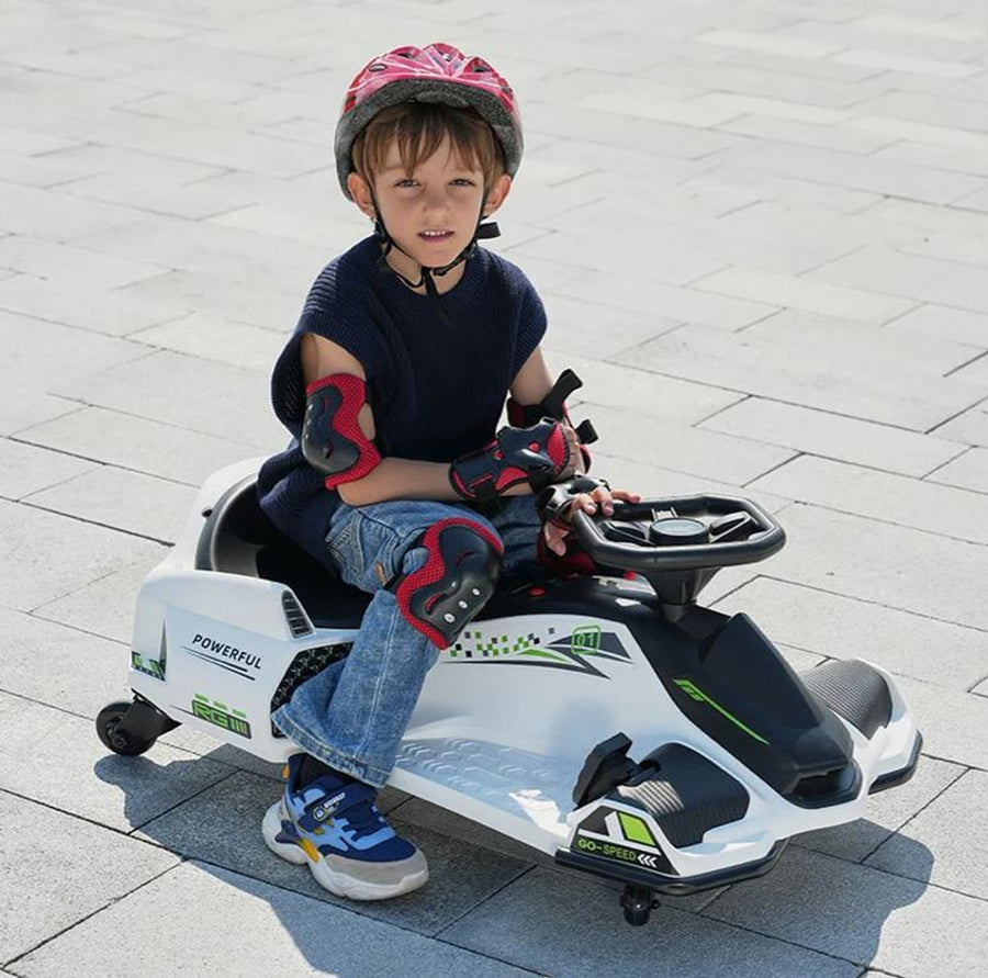 Onyx Kids 24 V “Drift Rider 360” Electric Go Kart – White Spin Series with EVA Rubber Wheels
