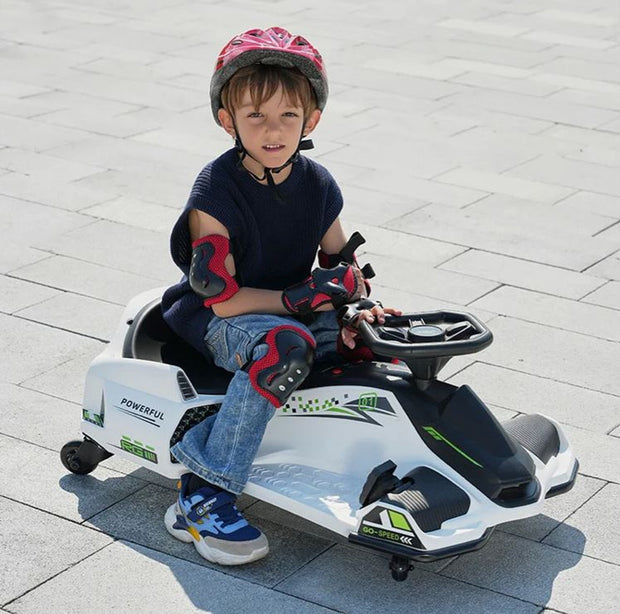 Onyx Kids 24 V “Drift Rider 360” Electric Go Kart – White Spin Series with EVA Rubber Wheels