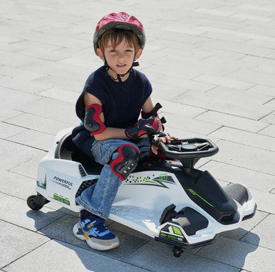 Onyx Kids 24 V “Drift Rider 360” Electric Go Kart – White Spin Series with EVA Rubber Wheels