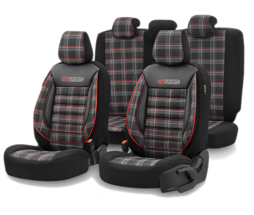 Eco Leather GTI Sports Seat Covers – Black with Red Stitching – Full Set Front & Rear – Universal Fit