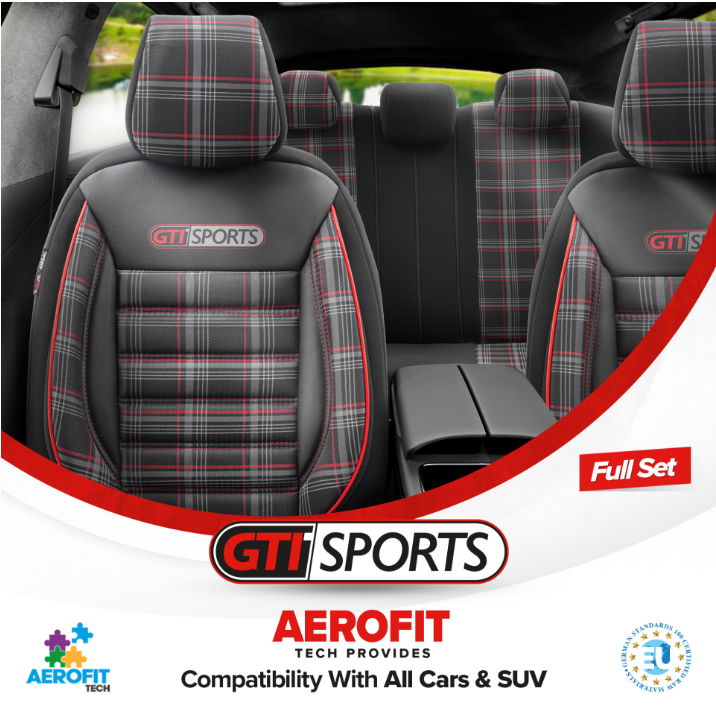 Eco Leather GTI Sports Seat Covers – Black with Red Stitching – Full Set Front & Rear – Universal Fit