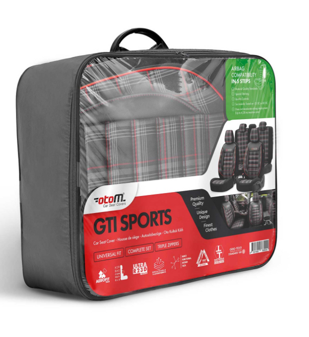 Eco Leather GTI Sports Seat Covers – Black with Red Stitching – Full Set Front & Rear – Universal Fit