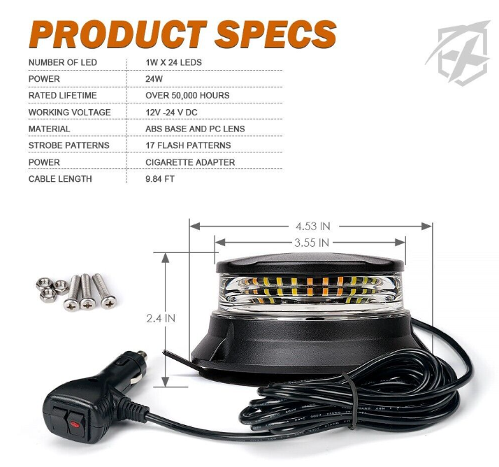 24W Mini LED Amber Warning Beacon – 17 Flash Modes | Magnetic Mount | 12V/24V | E9 Approved