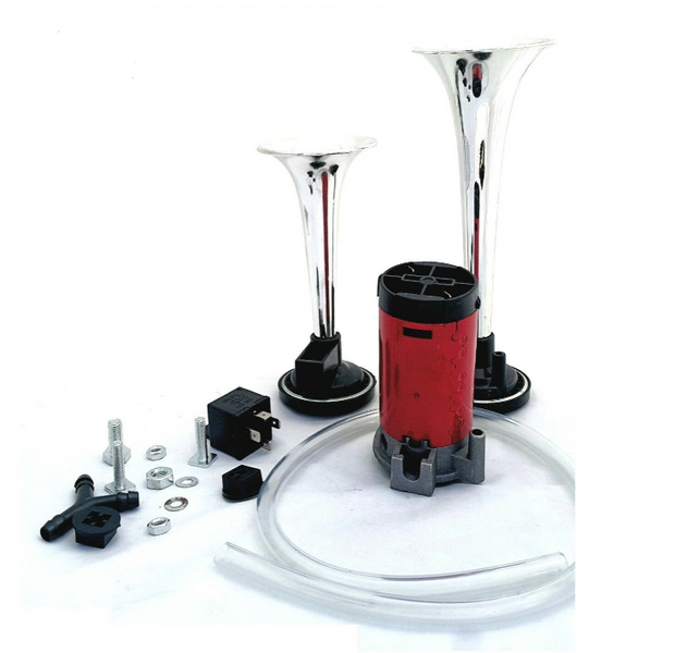 Twin Chrome Air Horn Kit 135dB 12V With Compressor & Fitting Kit