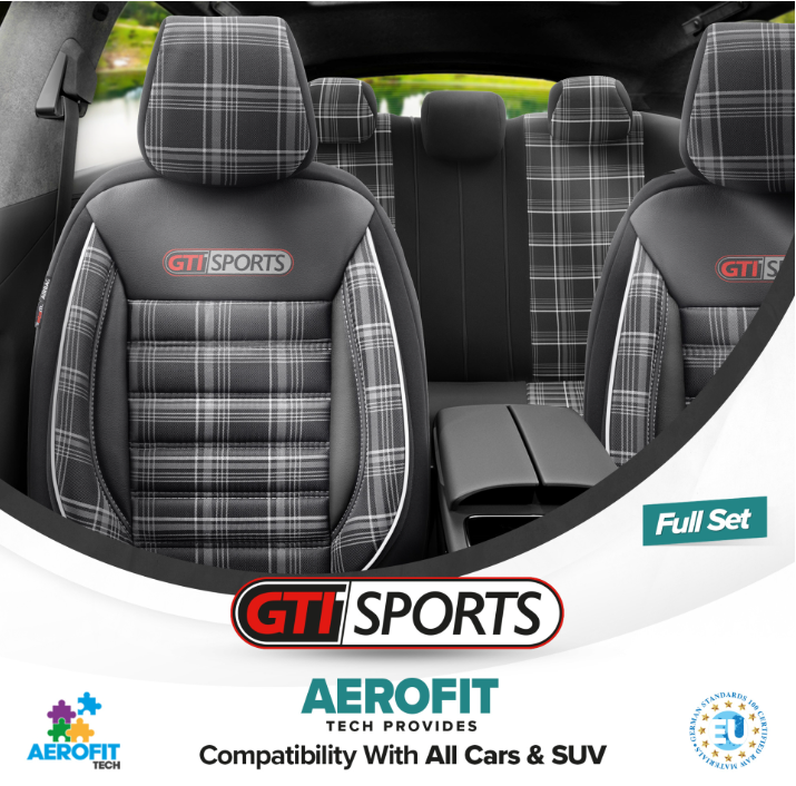 Premium Universal Car Seat Covers Full Set Black & White Seam – GTI Style, 7-Layer Comfort, Airbag Compatible, Cars & SUVs