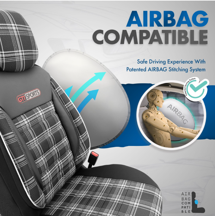 Premium Universal Car Seat Covers Full Set Black & White Seam – GTI Style, 7-Layer Comfort, Airbag Compatible, Cars & SUVs