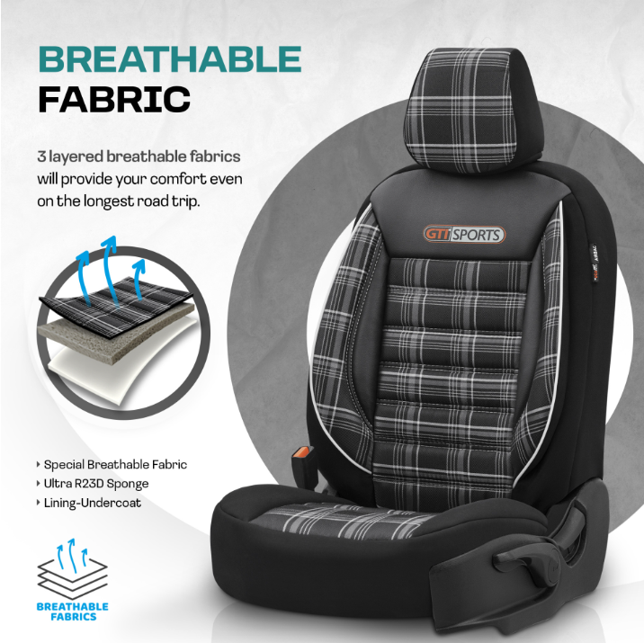 Premium Universal Car Seat Covers Full Set Black & White Seam – GTI Style, 7-Layer Comfort, Airbag Compatible, Cars & SUVs