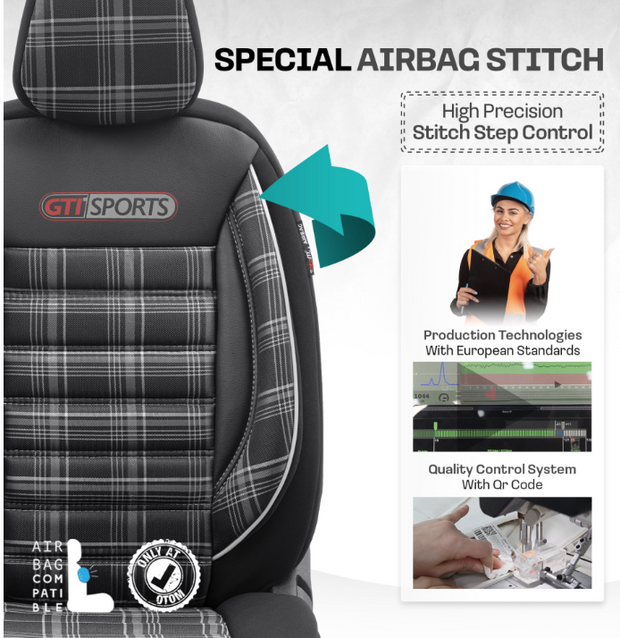 Premium Universal Car Seat Covers Full Set Black & White Seam – GTI Style, 7-Layer Comfort, Airbag Compatible, Cars & SUVs