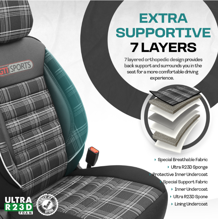 Premium Universal Car Seat Covers Full Set Black & White Seam – GTI Style, 7-Layer Comfort, Airbag Compatible, Cars & SUVs