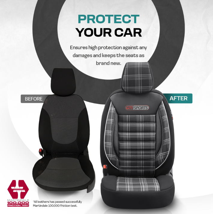 Premium Universal Car Seat Covers Full Set Black & White Seam – GTI Style, 7-Layer Comfort, Airbag Compatible, Cars & SUVs