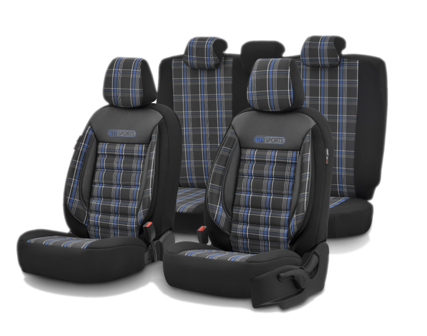 Premium GTI Style Universal Car Seat Covers Full Set – Blue Stitch, 7-Layer Comfort, Airbag Compatible
