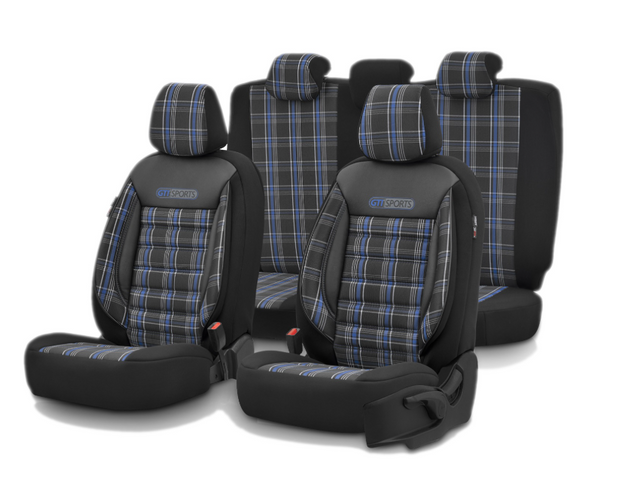 Premium GTI Style Universal Car Seat Covers Full Set – Blue Stitch, 7-Layer Comfort, Airbag Compatible