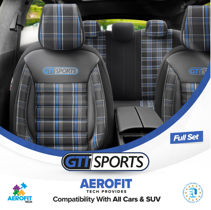 Premium GTI Style Universal Car Seat Covers Full Set – Blue Stitch, 7-Layer Comfort, Airbag Compatible