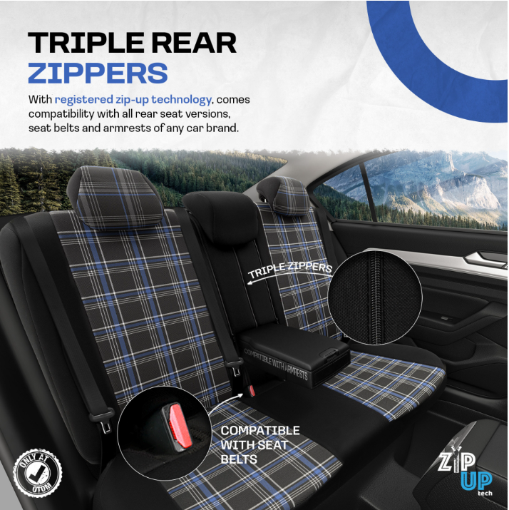 Premium GTI Style Universal Car Seat Covers Full Set – Blue Stitch, 7-Layer Comfort, Airbag Compatible