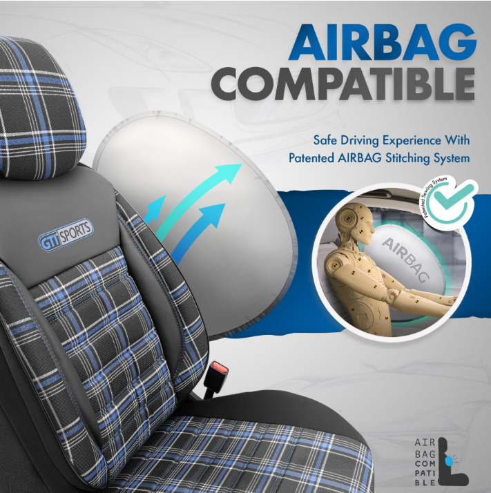 Premium GTI Style Universal Car Seat Covers Full Set – Blue Stitch, 7-Layer Comfort, Airbag Compatible