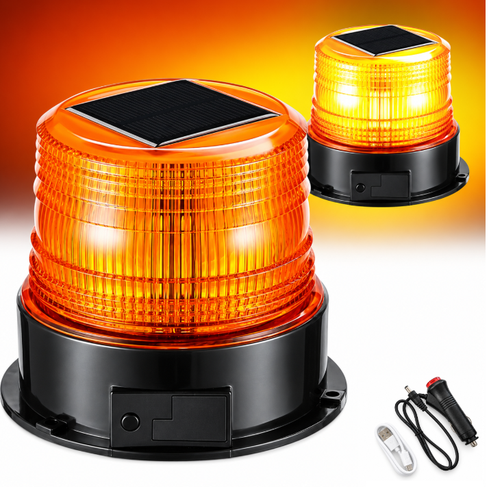 18 LED Solar Rechargeable Amber Warning Beacon – 4 Flash Modes | Magnetic Mount | 12V
