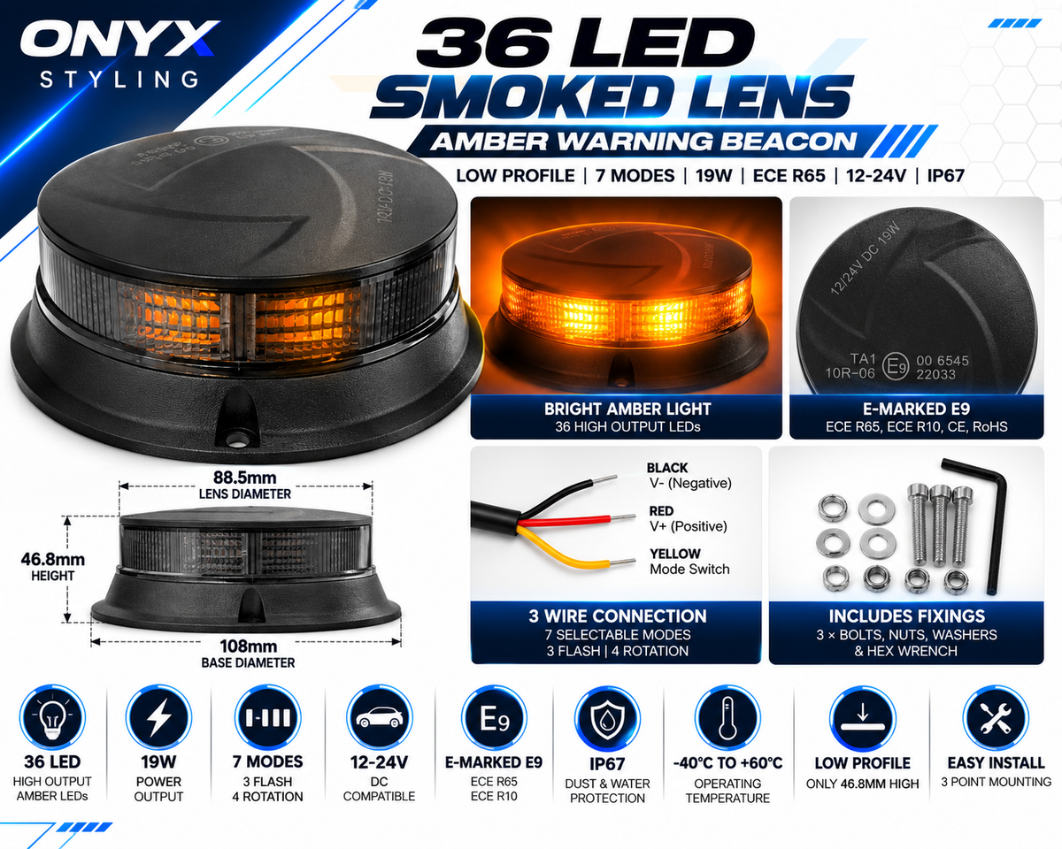 36 LED Smoked Lens Amber Warning Beacon – 19W | Low Profile | 7 Modes | ECE R65 | 12V/24V