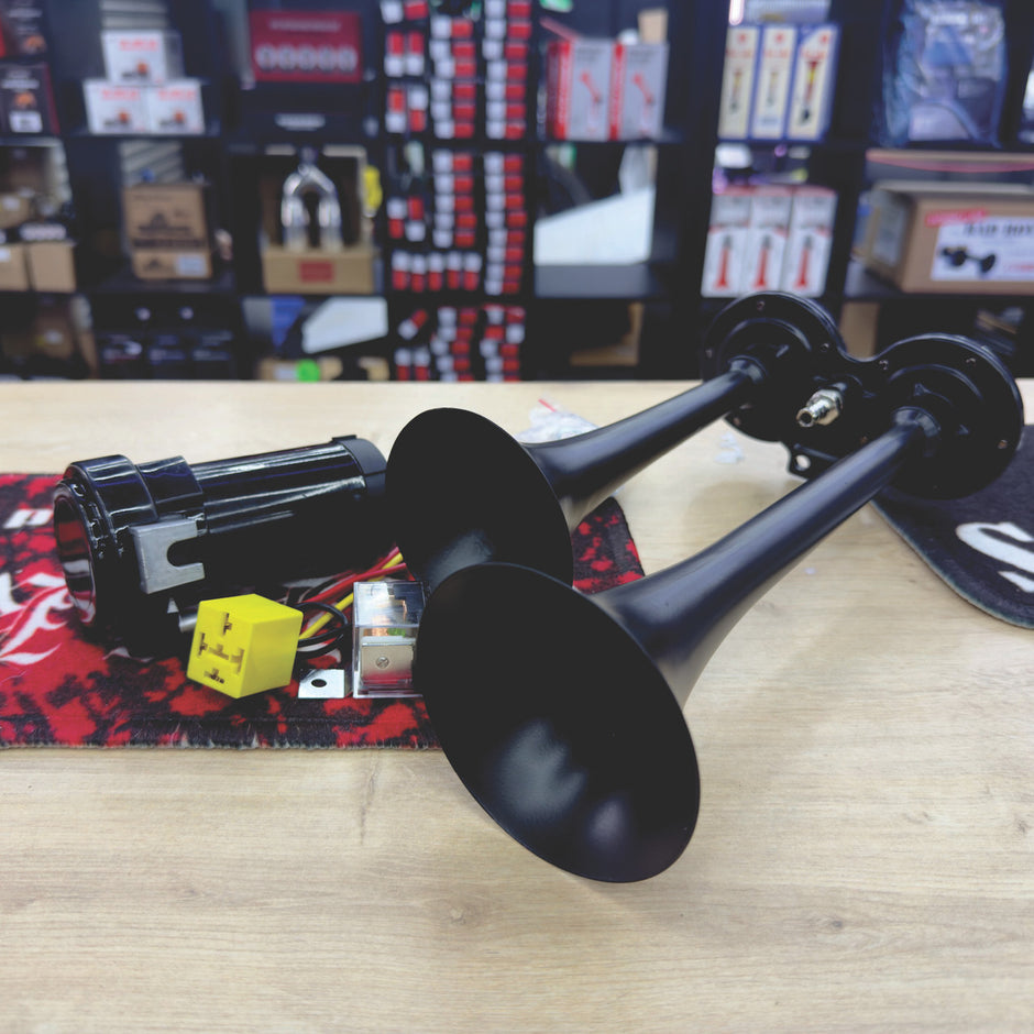 Dual Air Horn Kit 12V with Compressor, Relay, Tubes & Fittings – Super Loud Twin Trumpet Horn