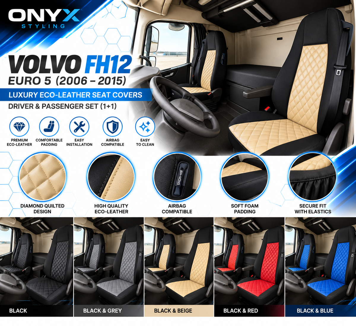 Volvo FH12 Euro 5 (2006–2015) Luxury Eco-Leather Seat Covers – Driver & Passenger Set