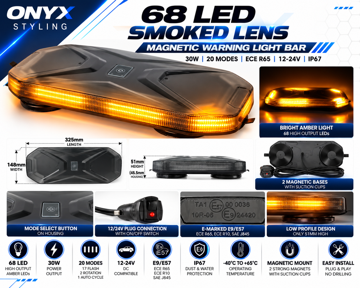 68 LED Smoked Amber Magnetic Warning Light Bar – 30W | 20 Flash Modes | ECE R65 | 12V/24V