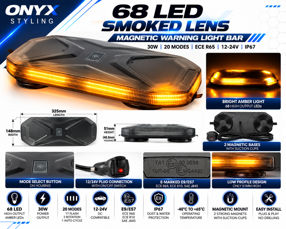 68 LED Smoked Amber Magnetic Warning Light Bar – 30W | 20 Flash Modes | ECE R65 | 12V/24V