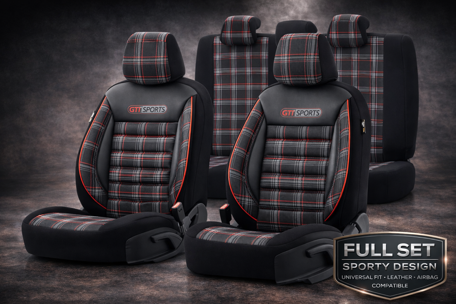 Eco Leather GTI Sports Seat Covers – Black with Red Stitching – Full Set Front & Rear – Universal Fit