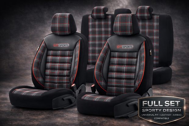 Eco Leather GTI Sports Seat Covers – Black with Red Stitching – Full Set Front & Rear – Universal Fit