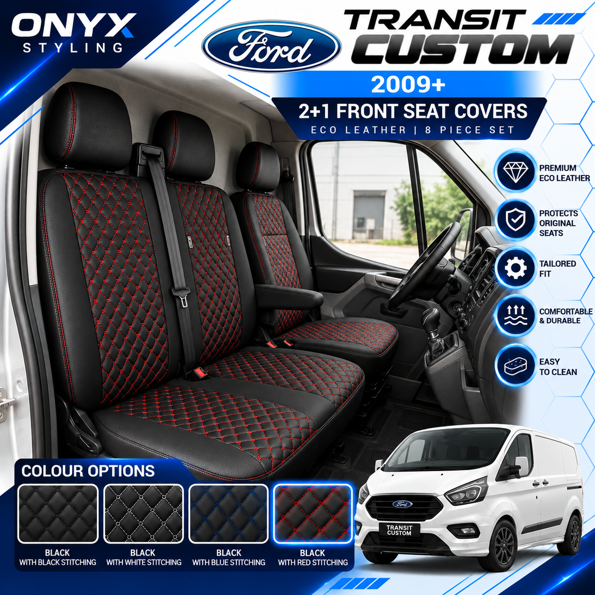 Ford Transit Custom (2012+) Luxury Quilted Eco-Leather Seat Covers – 2+1 Front Seats | 8-Piece Set