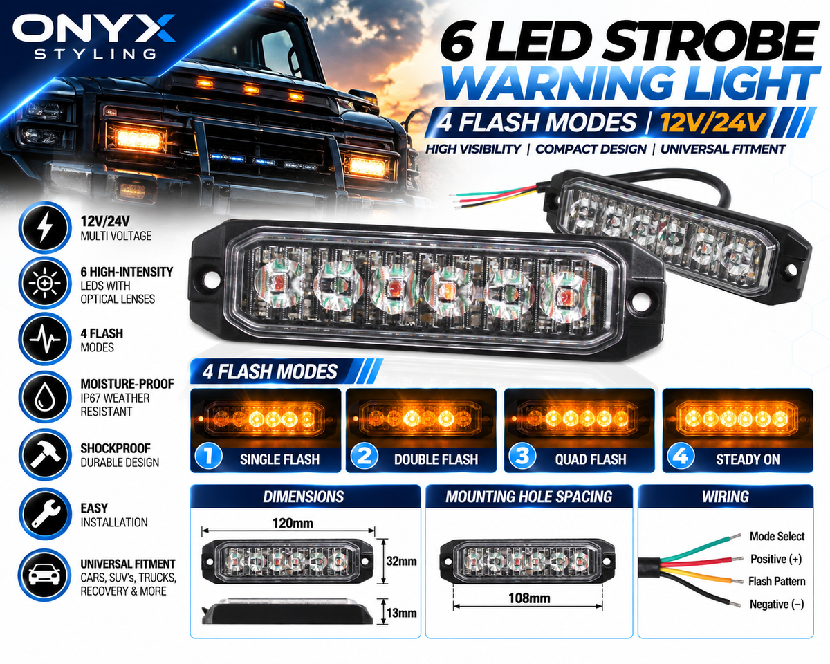 6 LED Ultra-Slim Amber Strobe Warning Light – 12V/24V | 4 Flash Modes | Universal Fit