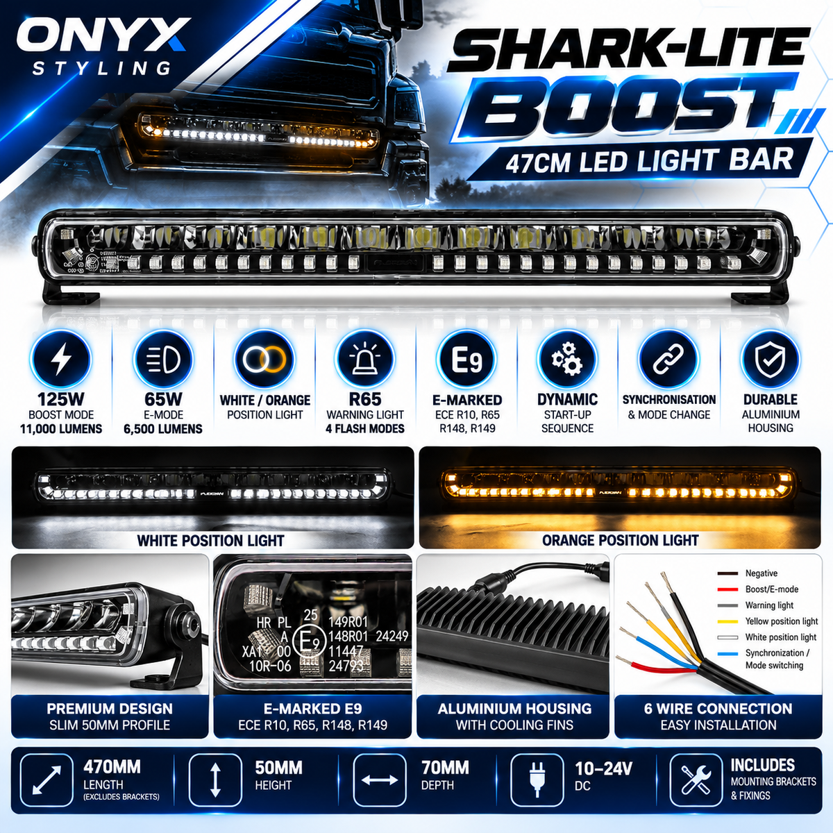 SHARK-LITE BOOST 47cm LED Light Bar – 125W | 11,000 Lumens | White/Orange DRL | R65 E-Marked