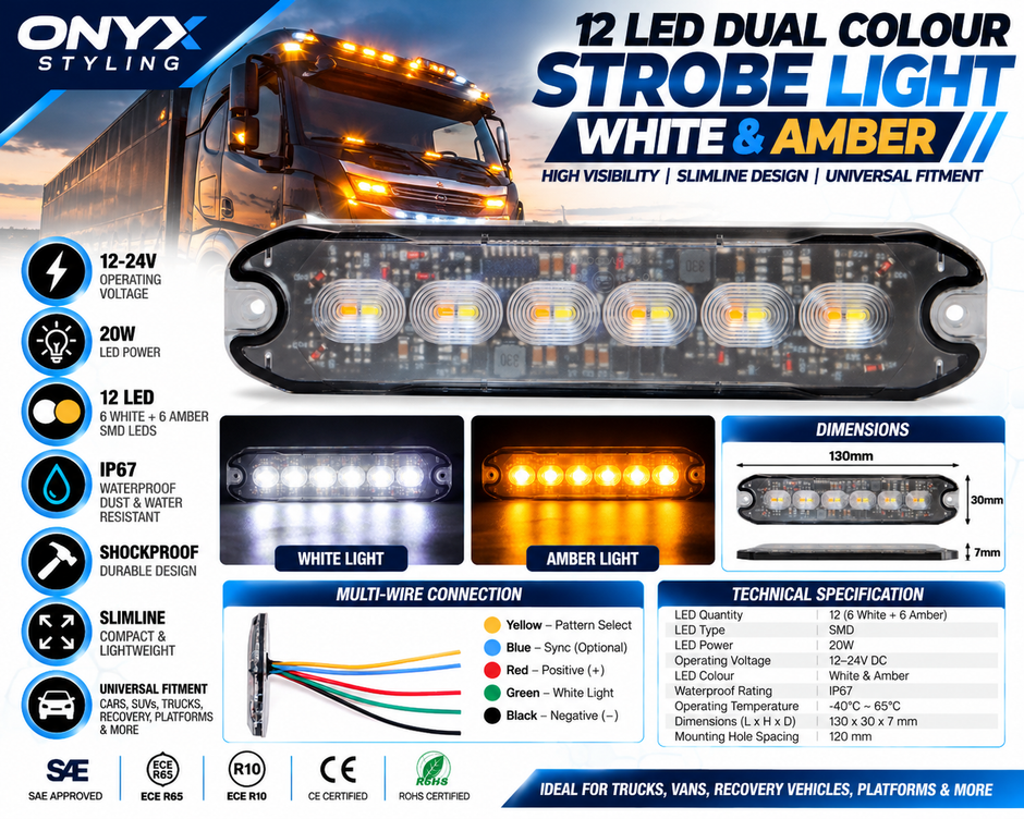 12 LED Dual Colour White & Amber Strobe Warning Light – 20W | 12V/24V | IP67