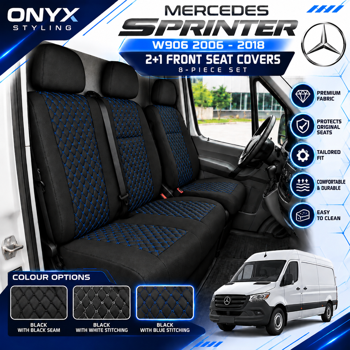 Mercedes Sprinter W906 (2006–2018) Luxury Quilted Fabric Seat Covers – 2+1 Front Seats | 8-Piece Set