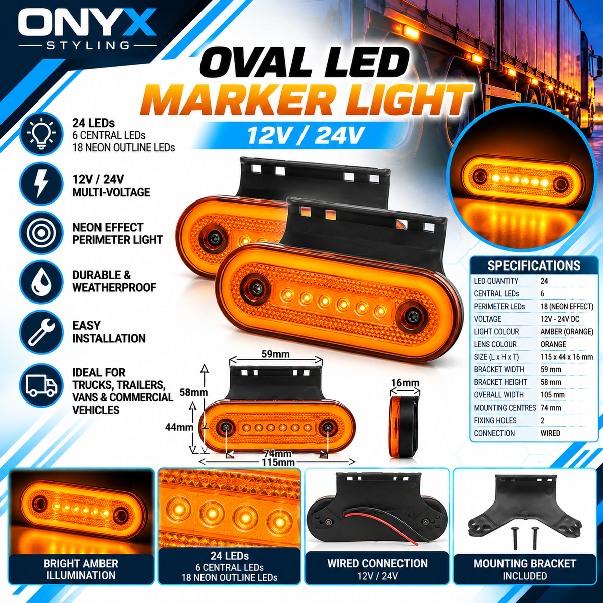 Oval 24 LED Amber Side Marker Light with Rubber Mount – 12V/24V Neon Effect