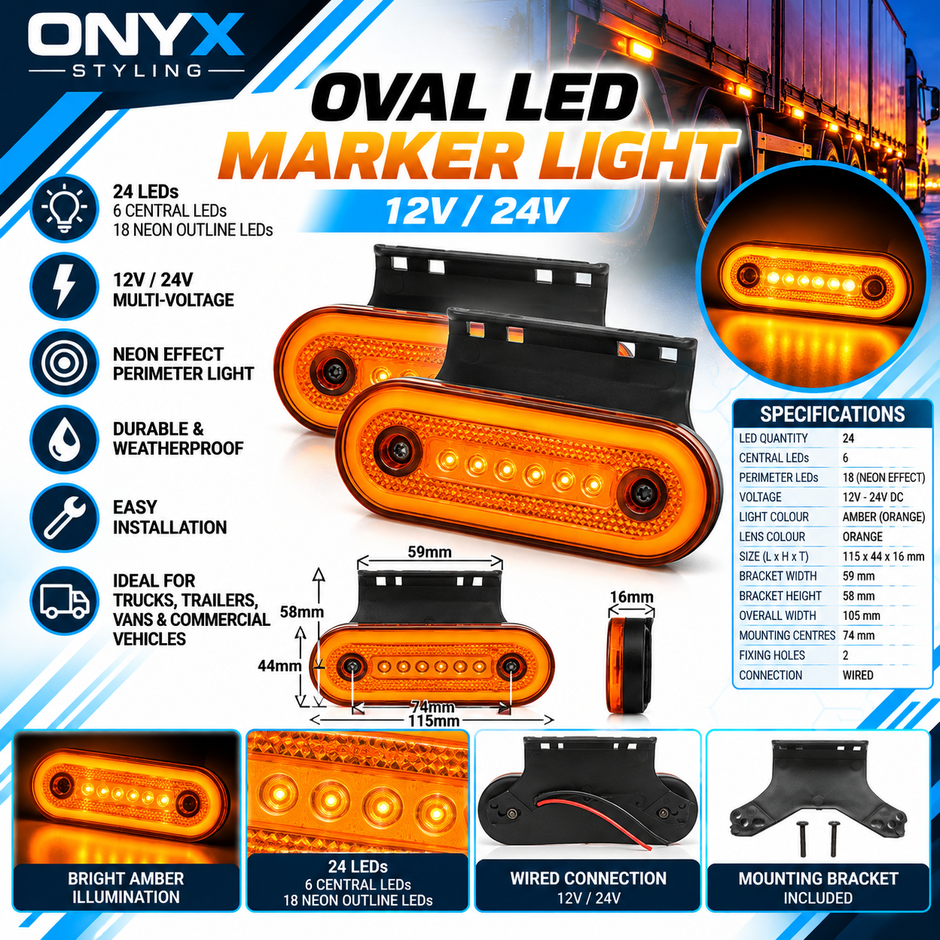 Oval 24 LED Amber Side Marker Light with Rubber Mount – 12V/24V Neon Effect