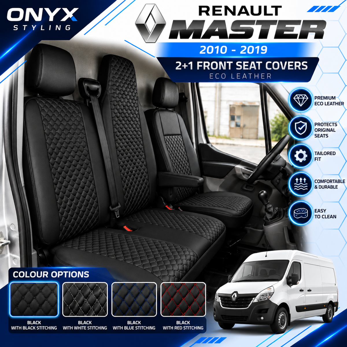 Renault Master III (2010–2019) Luxury Quilted Eco-Leather Seat Covers – 2+1 Front Seat Set
