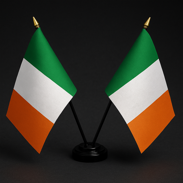Irish Tricolour Twin Table Flag – With Poles & Holder (28cm)