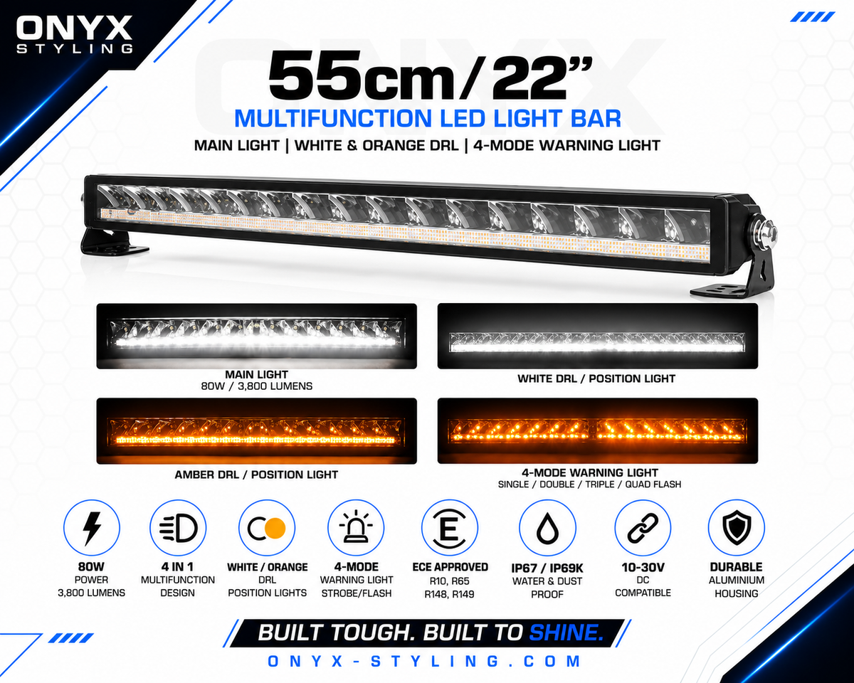 55cm 80W Multifunction LED Light Bar – 3,800 Lumens | White/Amber DRL | R65 Warning Light | 12V/24V