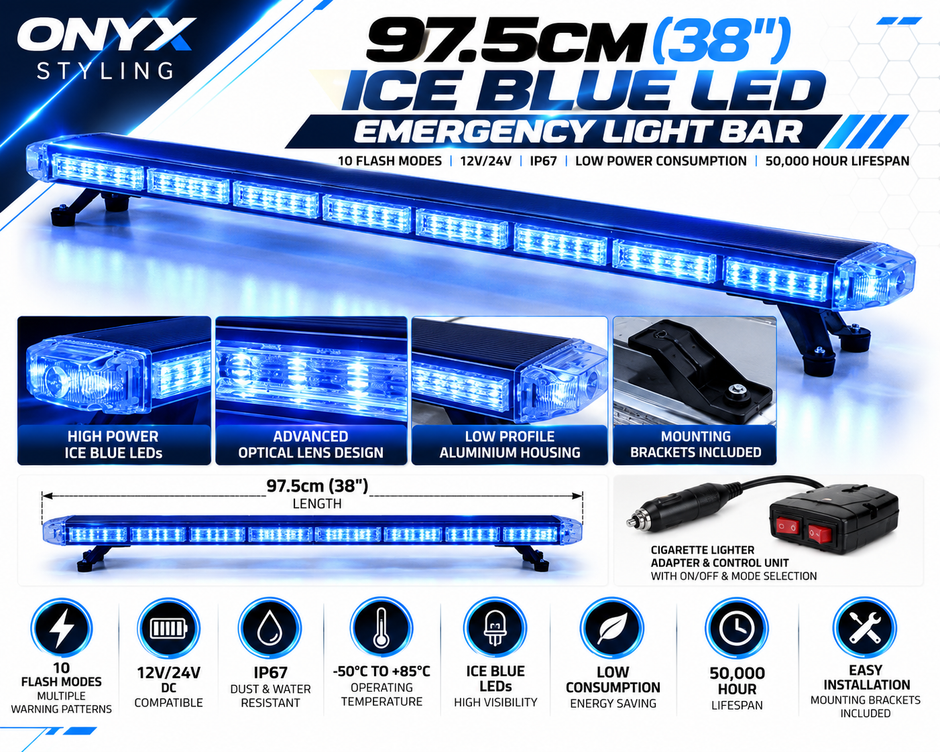 97.5cm Ice Blue LED Emergency Warning Light Bar – 10 Flash Modes | 12V/24V | IP67