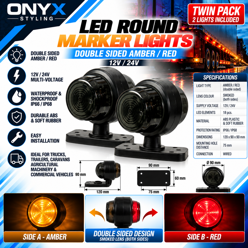 Double-Sided Round LED Marker Lights – Amber & Red | Smoked Lens | 12V–24V | Twin Pack