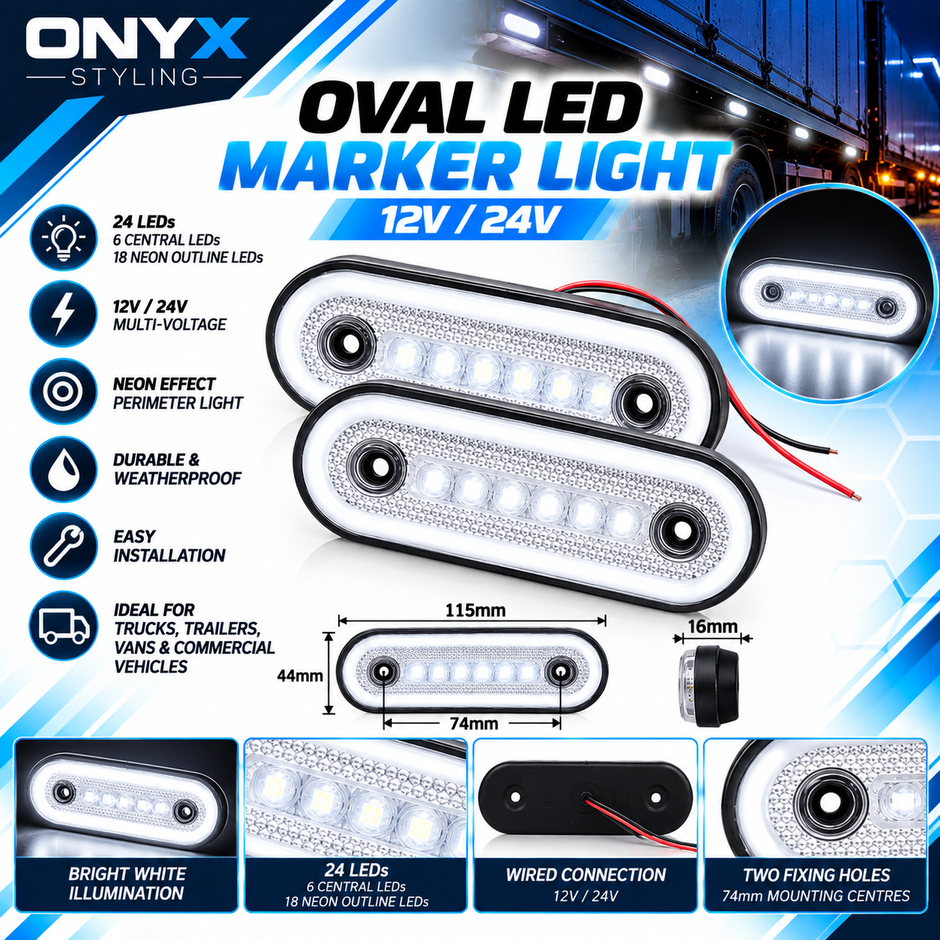 Oval LED Marker Light 12V–24V – White Neon Effect | 24 LED | 115mm