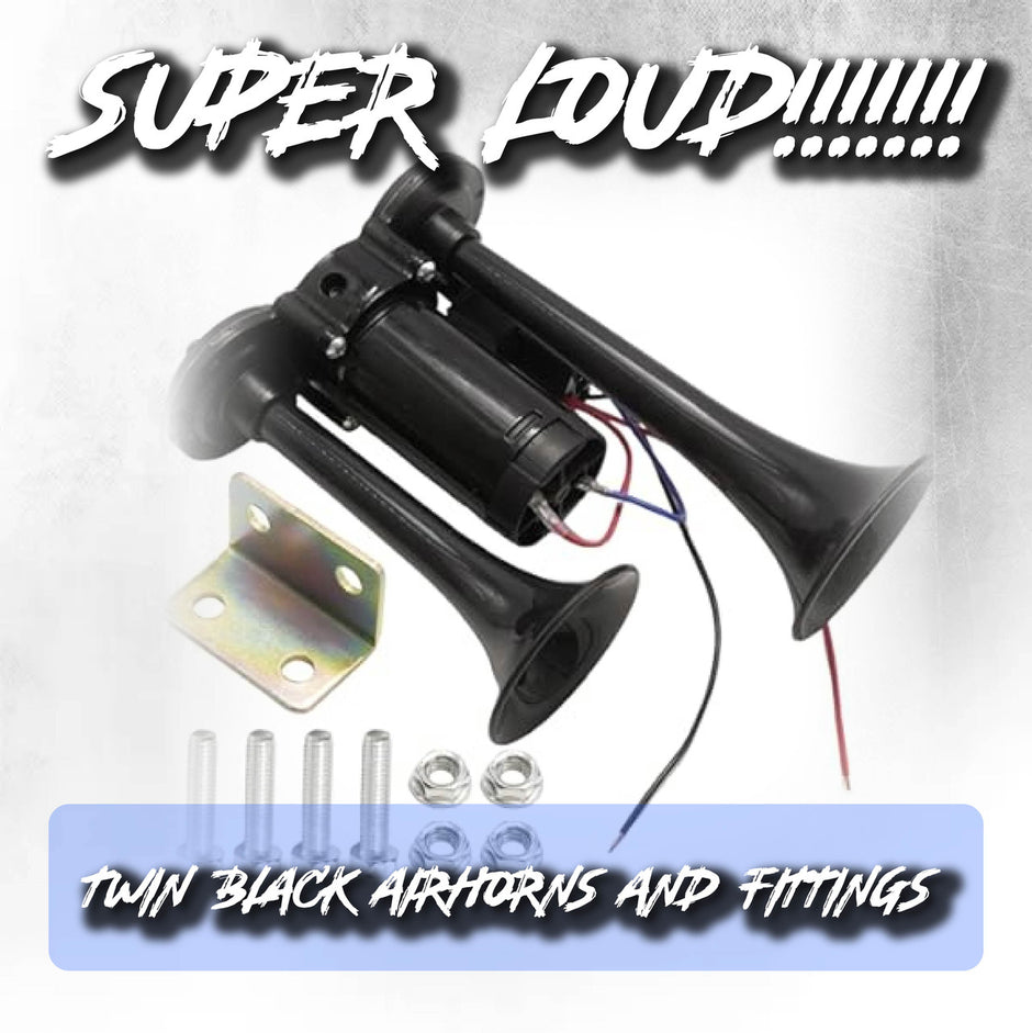 Dual Air Horn Kit 12V with Compressor, Relay, Tubes & Fittings – Super Loud Twin Trumpet Horn