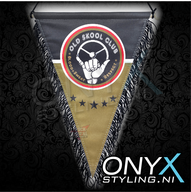 Old Skool Club Pennant – Retro Truck Banner 23x29cm with Black Fringes